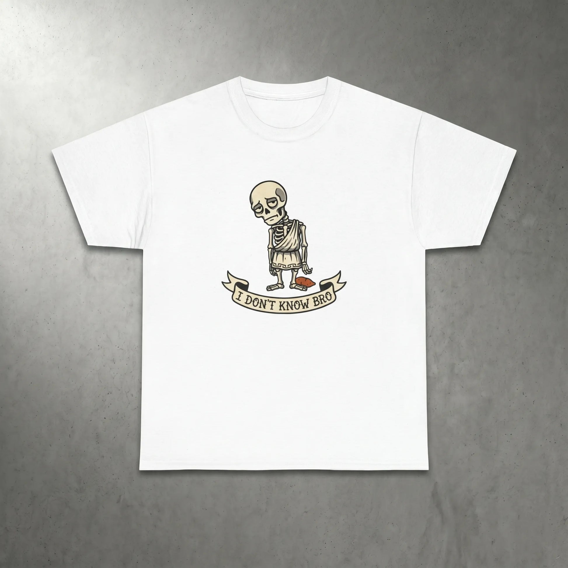 Front view of the Socrates Skeleton 'I Don't Know Bro' Tee, a minimalist tattoo-flash philosophy meme t-shirt for seminar survivors.