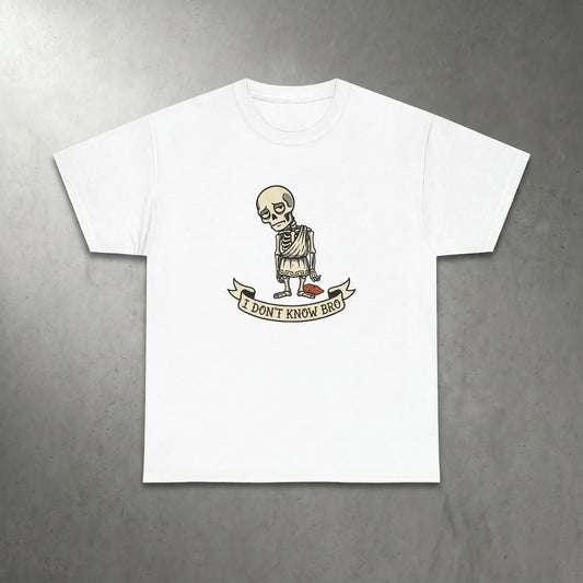 Front view of the Socrates Skeleton 'I Don't Know Bro' Tee, a minimalist tattoo-flash philosophy meme t-shirt for seminar survivors.