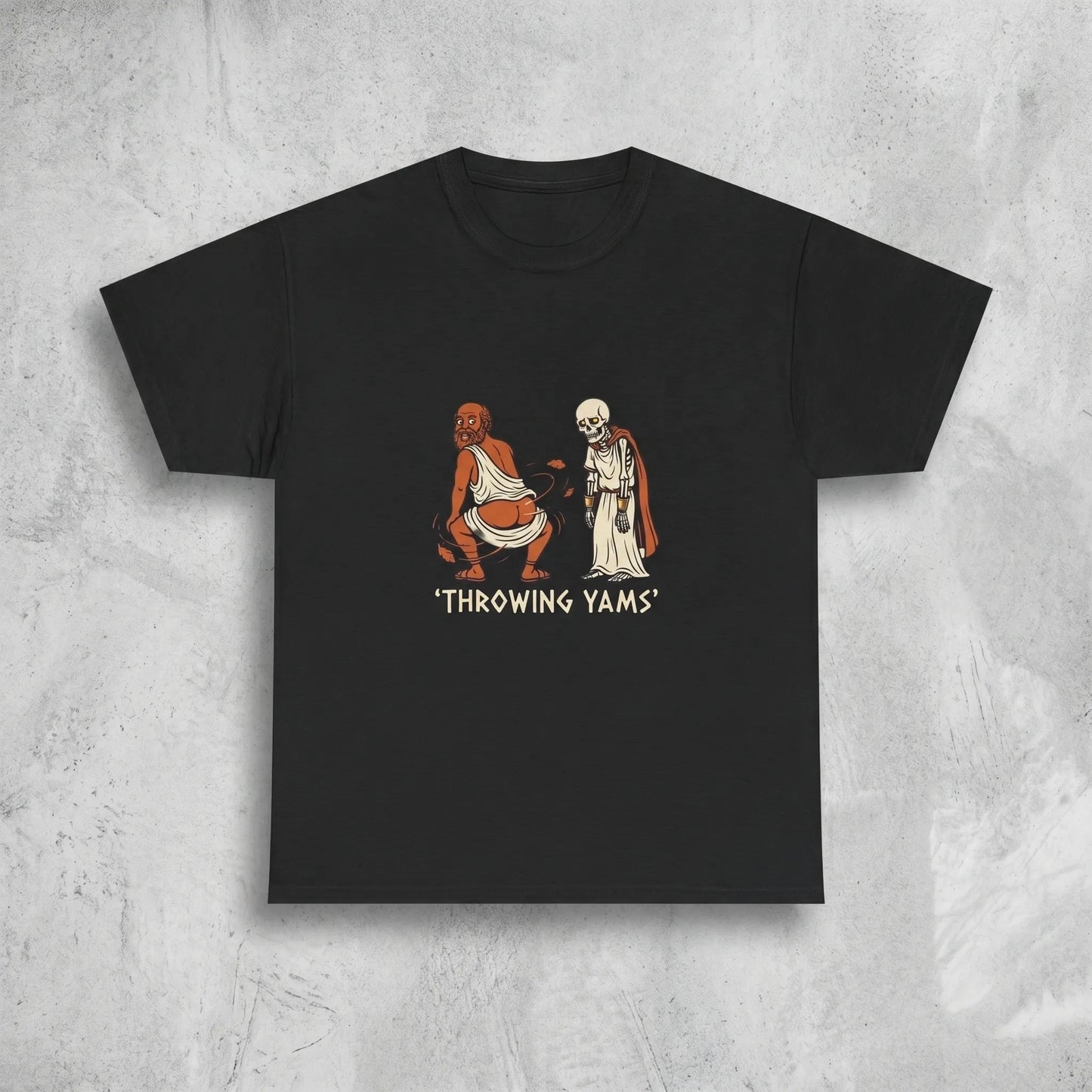 Socrates Skeleton Tee featuring the throwing yams twerking philosopher meme with a red-caped skeleton witness, a sarcastic philosophy major gift for TikTok brainrot fans.