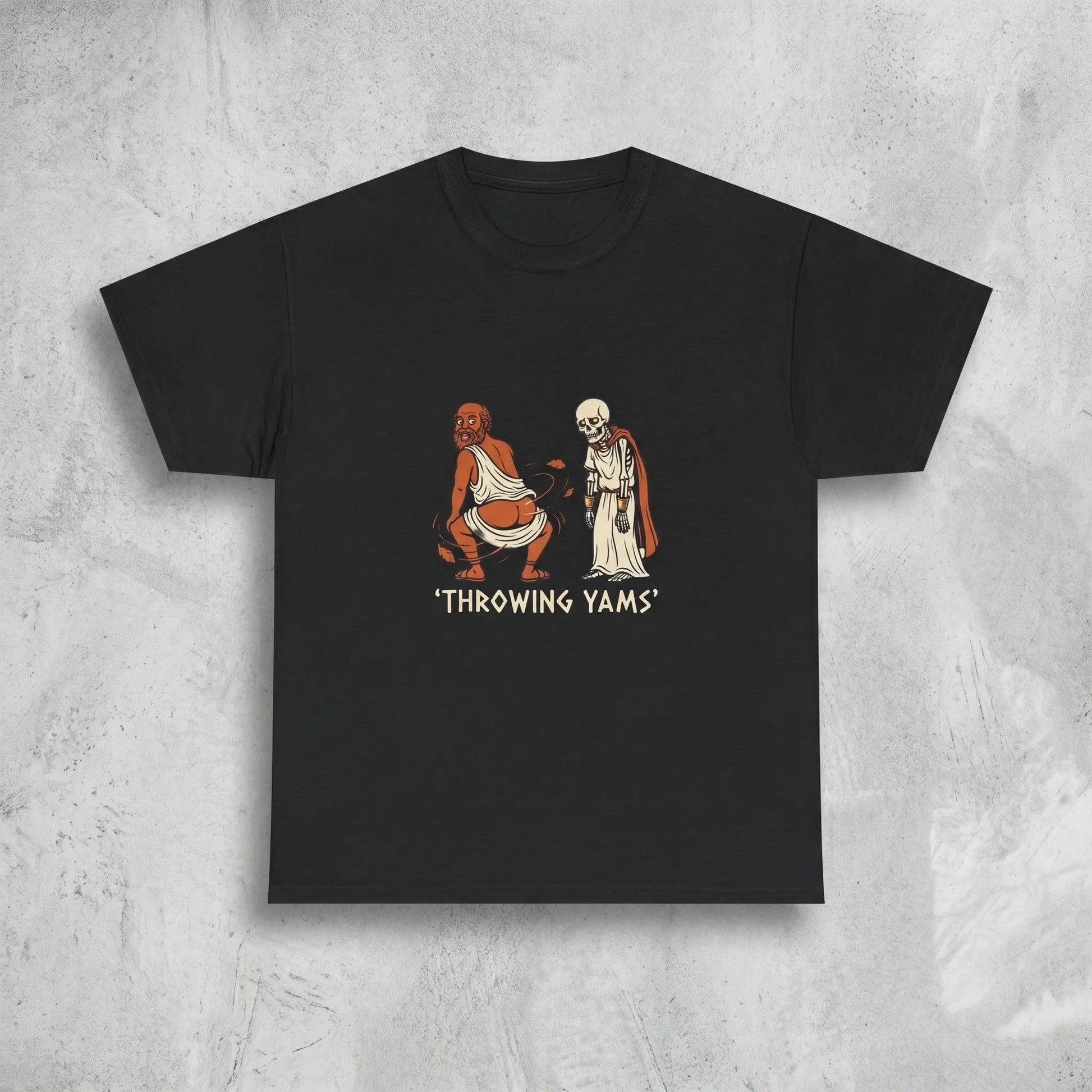 Socrates Skeleton Tee featuring the throwing yams twerking philosopher meme with a red-caped skeleton witness, a sarcastic philosophy major gift for TikTok brainrot fans.