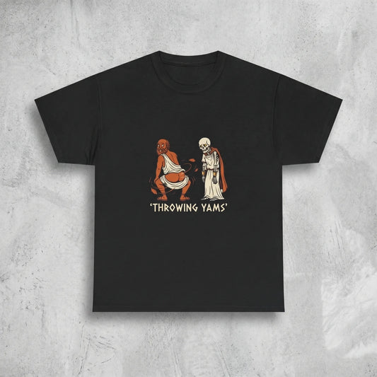 Socrates Skeleton Tee featuring the throwing yams twerking philosopher meme with a red-caped skeleton witness, a sarcastic philosophy major gift for TikTok brainrot fans.