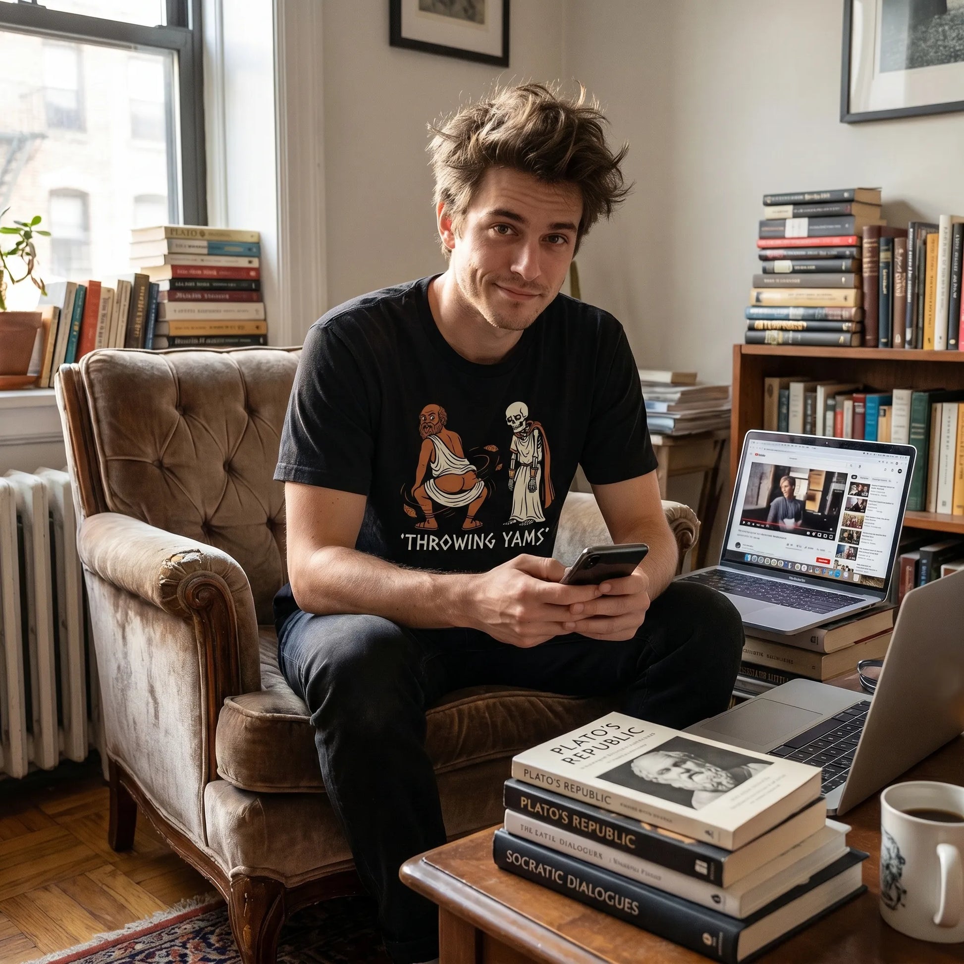 A lifestyle shot of a person wearing the Socrates Skeleton Tee featuring the viral throwing yams and twerking Socrates brainrot meme, a perfect philosophy meme and ragebait meme gift.