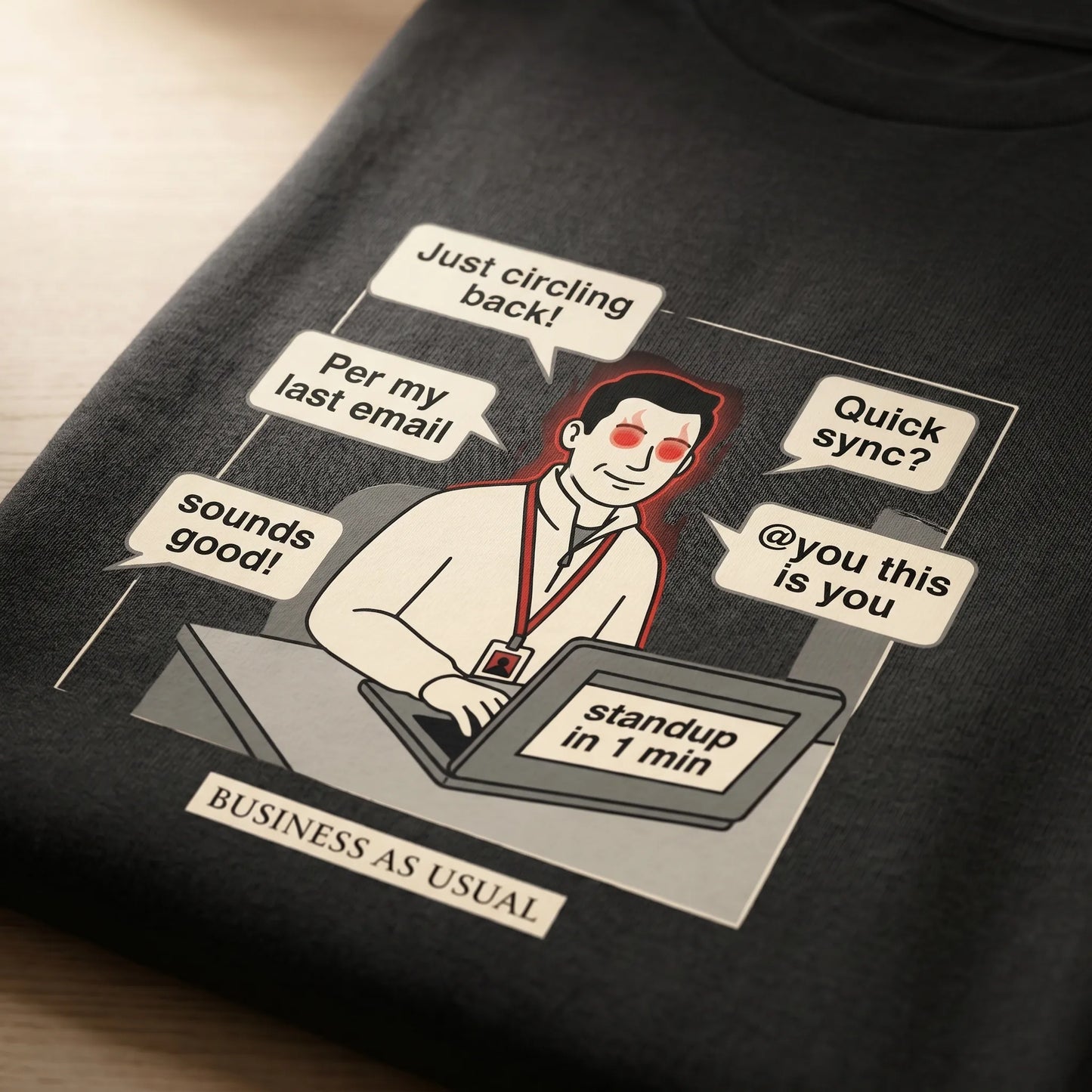 Close-up detail of the soft-hand DTG print on a pre-shrunk heavy cotton Corporate NPC Tee, highlighting the graphic quality available in sizes S-5XL.