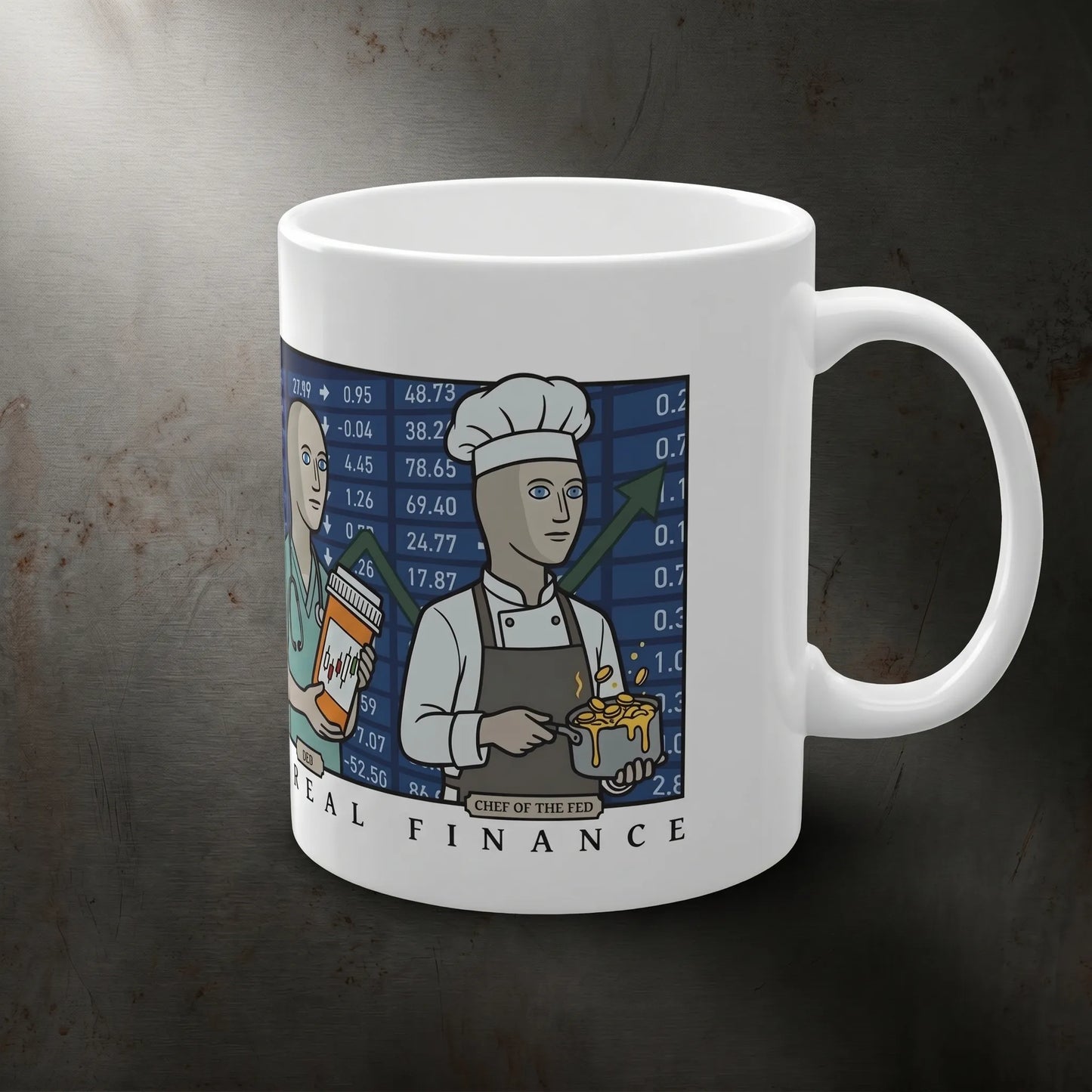 Side handle right view of the Stonks meme mug featuring the investur character from the Special Meme Fresh pantheon, a funny stock market meme gift for a coworker or stock trader.