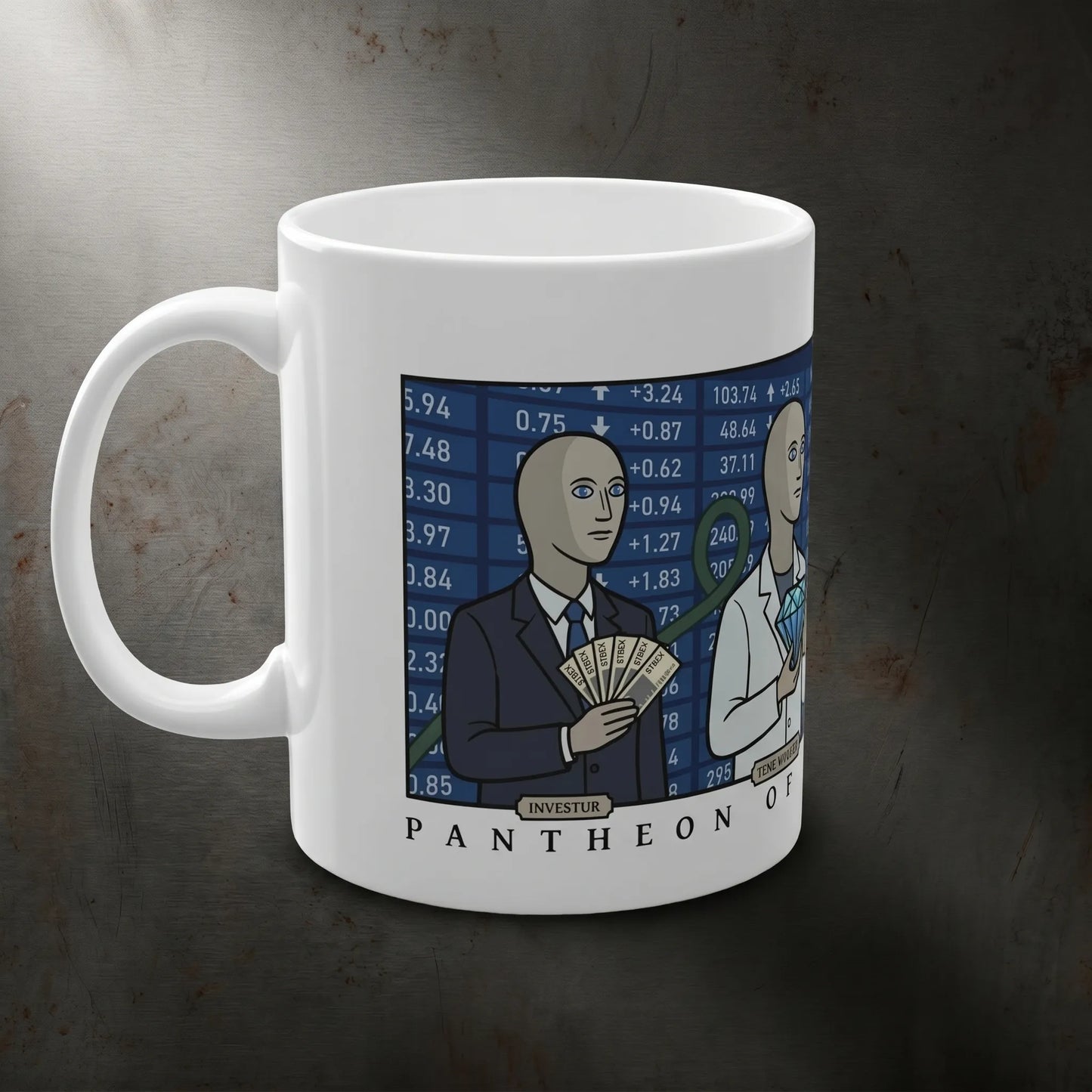 Side view showing the left C-handle of an 11oz white ceramic Stonks meme mug featuring panik kalm and hodl meme graphics, perfect as an ironic finance gift or secret santa present.