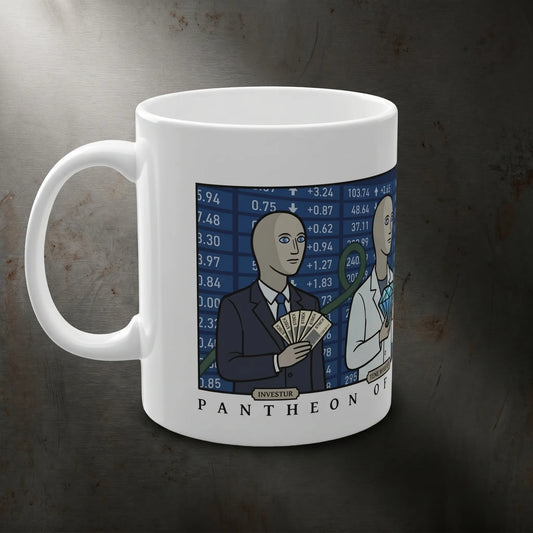 Side view showing the left C-handle of an 11oz white ceramic Stonks meme mug featuring panik kalm and hodl meme graphics, perfect as an ironic finance gift or secret santa present.