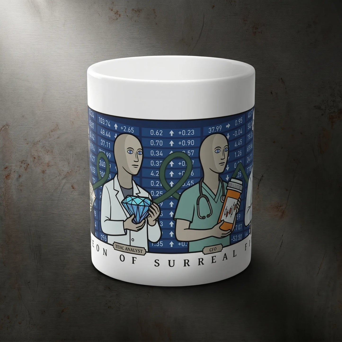 Stonks Meme Mug front view featuring Meme Man, Tehc, Helth, and Shef from the surreal finance pantheon, a funny gift for finance bros and Wallstreetbets traders.