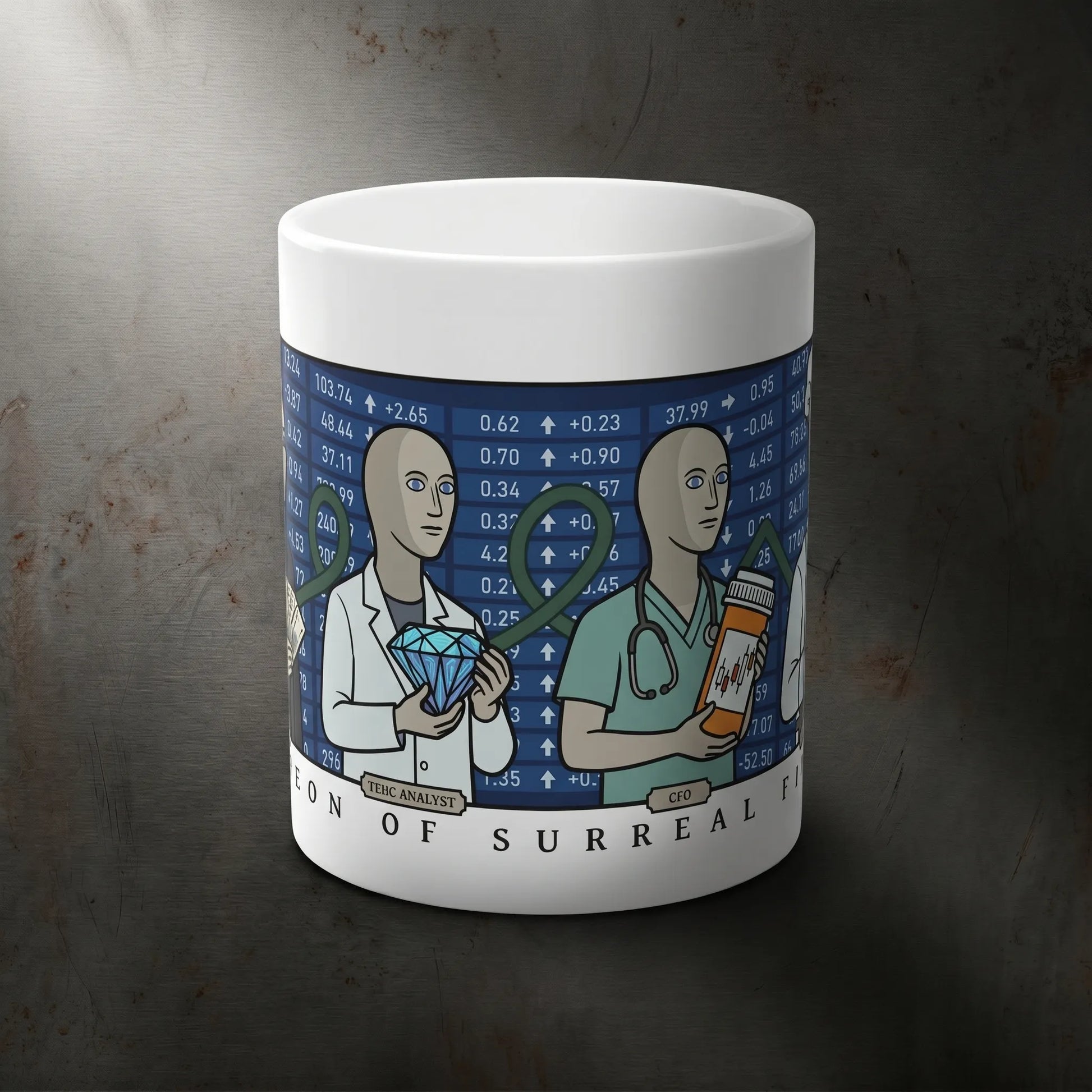 Stonks Meme Mug front view featuring Meme Man, Tehc, Helth, and Shef from the surreal finance pantheon, a funny gift for finance bros and Wallstreetbets traders.
