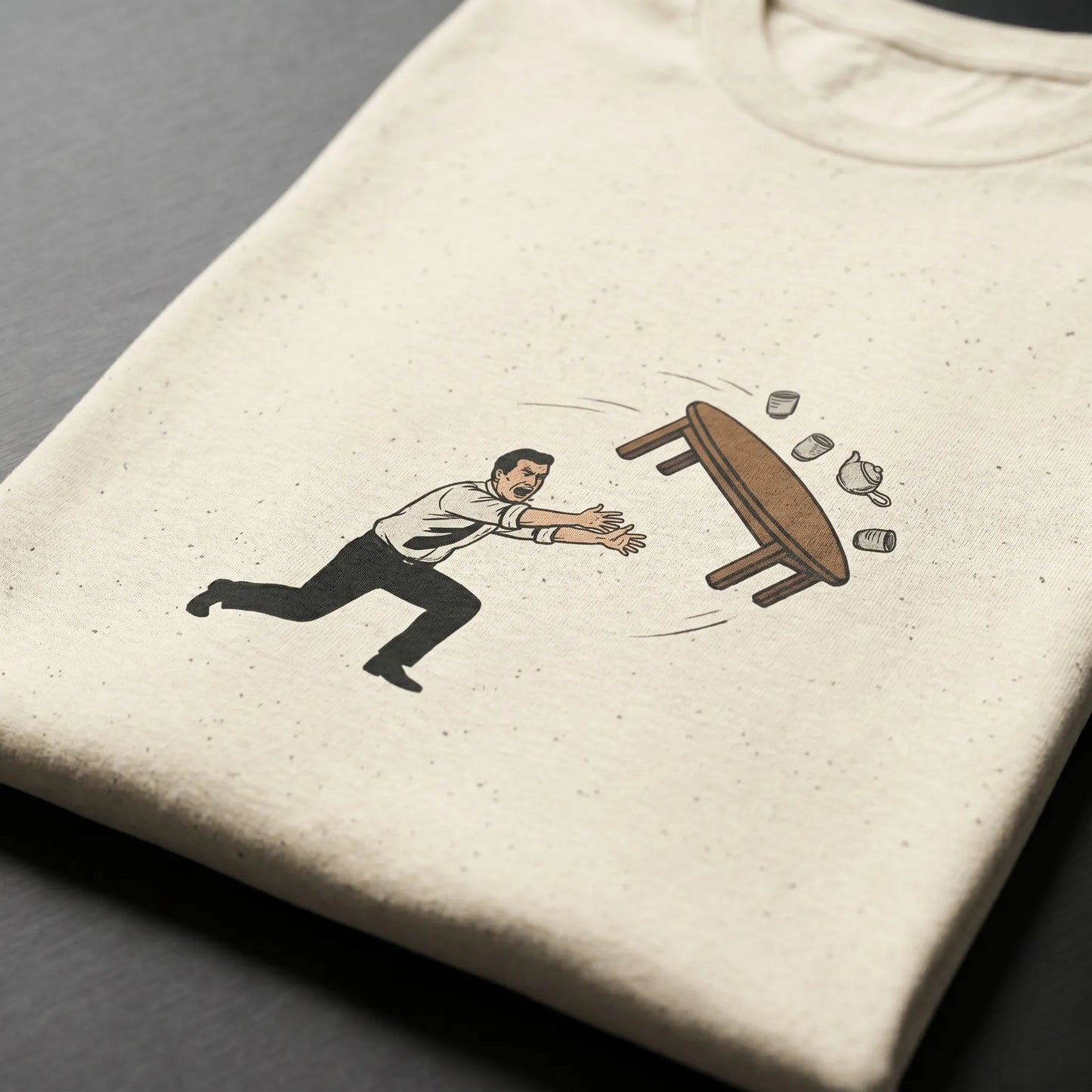 Close-up detail of the Table Flip Emoticon Tee showcasing the high-quality print that won't crack with wash and durable fabric texture.