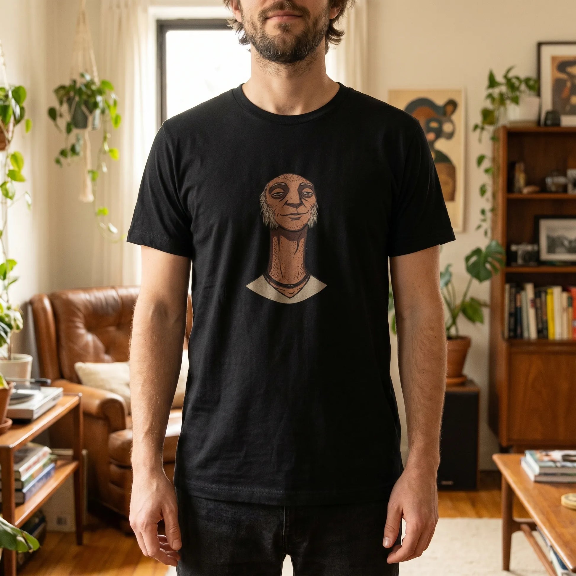 Lifestyle shot of a person wearing the unisex fit weirdcore creature Tee, featuring a funny hand in pocket optical illusion and small braided-leather necklace, perfect for chronically online friends.